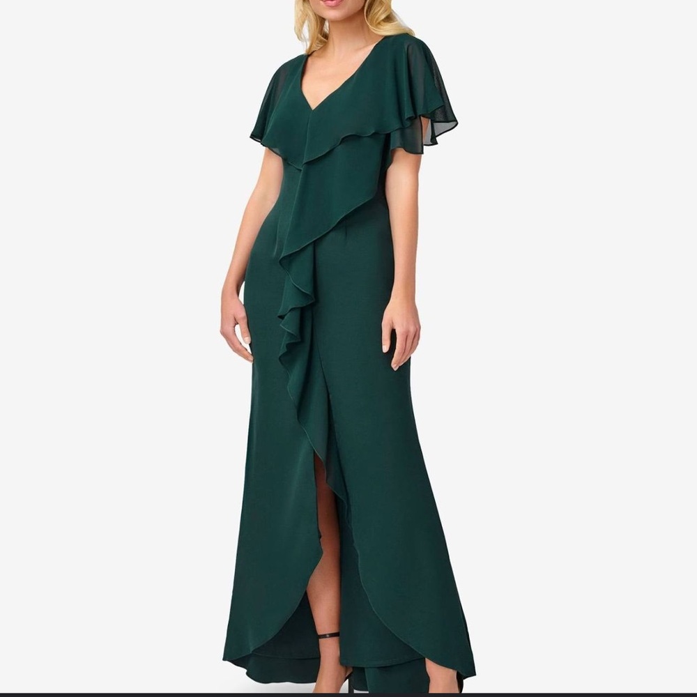 NWOT Adrianna Papell dark green ruffle front gown